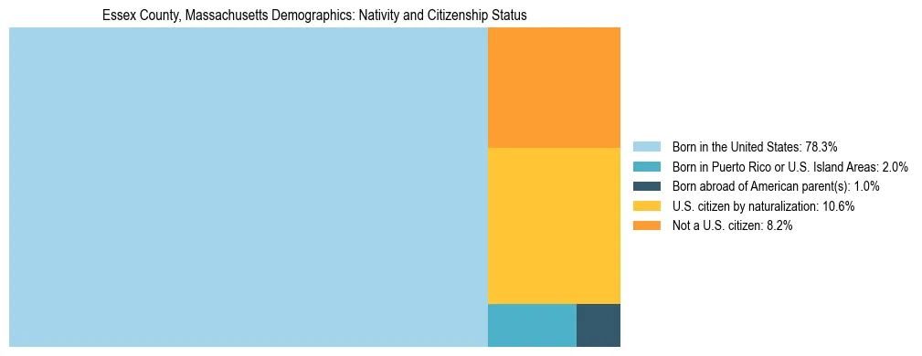 Treemap showing the population distribution by nativity and citizenship status in Essex County, Massachusetts based on U.S. Census data.