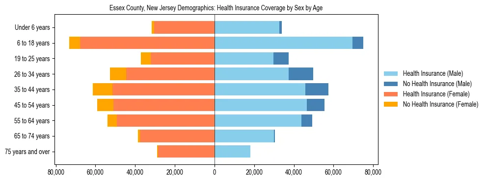 Pyramid chart showing health insurance coverage by age and sex in Essex County, New Jersey.
