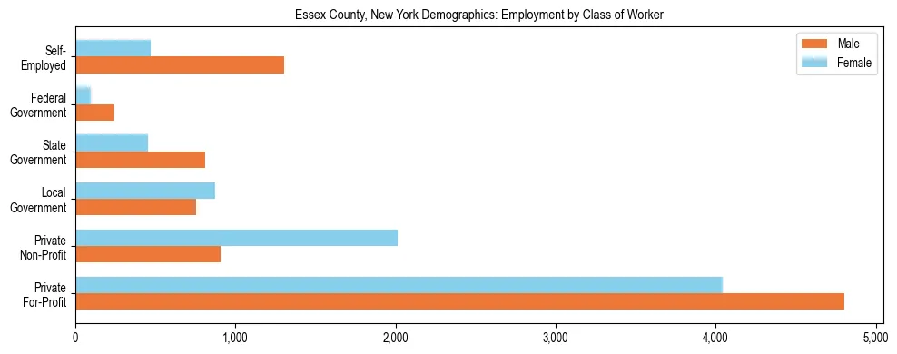 Horizontal bar chart showing employment distribution by class of worker and gender in Essex County, New York, based on 2023 ACS data.