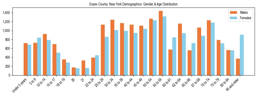 Bar chart showing the population distribution of Essex County, New York by age group and gender, based on 2023 ACS data.
