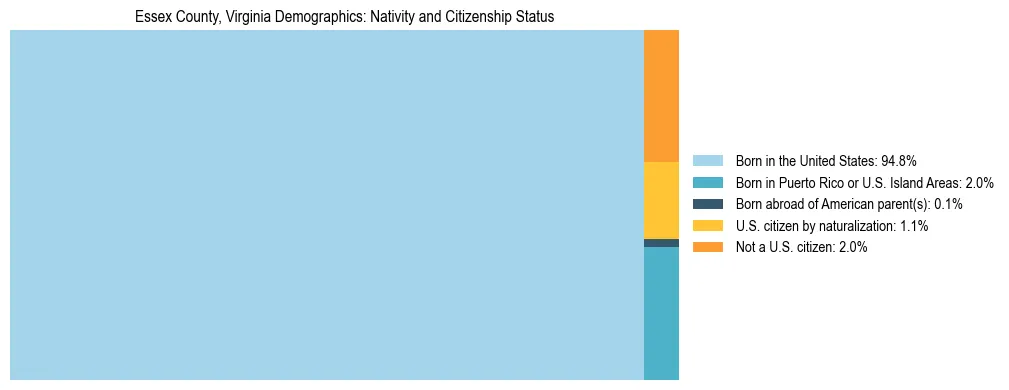 Treemap showing the population distribution by nativity and citizenship status in Essex County, Virginia based on U.S. Census data.