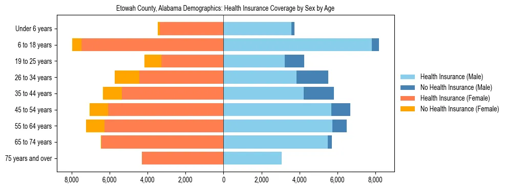 Pyramid chart showing health insurance coverage by age and sex in Etowah County, Alabama.