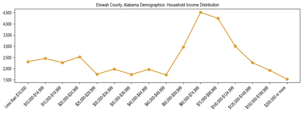 Horizontal bar chart showing household income distribution in Etowah County, Alabama.