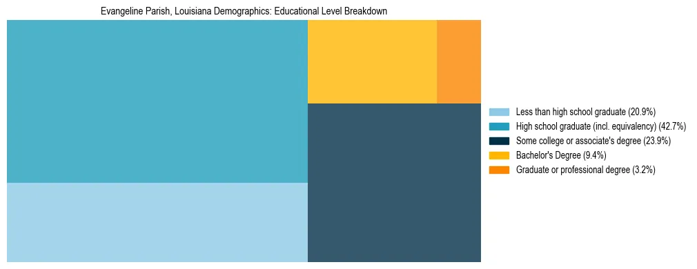 Treemap chart illustrating the educational attainment breakdown for population 25 years and over in Evangeline Parish, Louisiana.