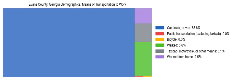 Treemap showing means of transportation to work distribution in Evans County, Georgia.