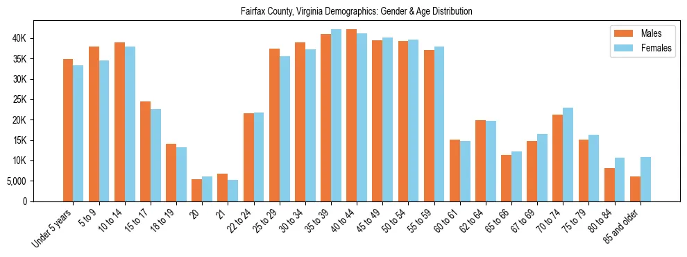 Bar chart showing the population distribution of Fairfax County, Virginia by age group and gender, based on 2023 ACS data.