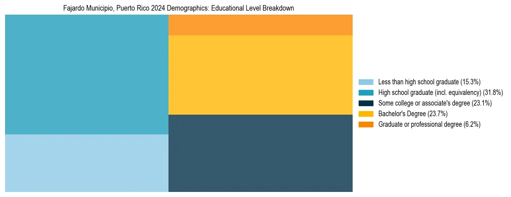 Treemap chart illustrating the educational attainment breakdown for population 25 years and over in Fajardo Municipio, Puerto Rico.