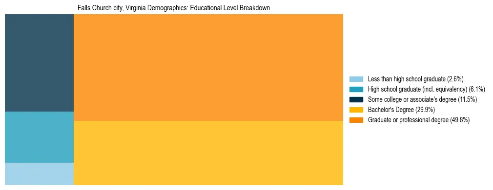 Treemap chart illustrating the educational attainment breakdown for population 25 years and over in Falls Church city, Virginia.