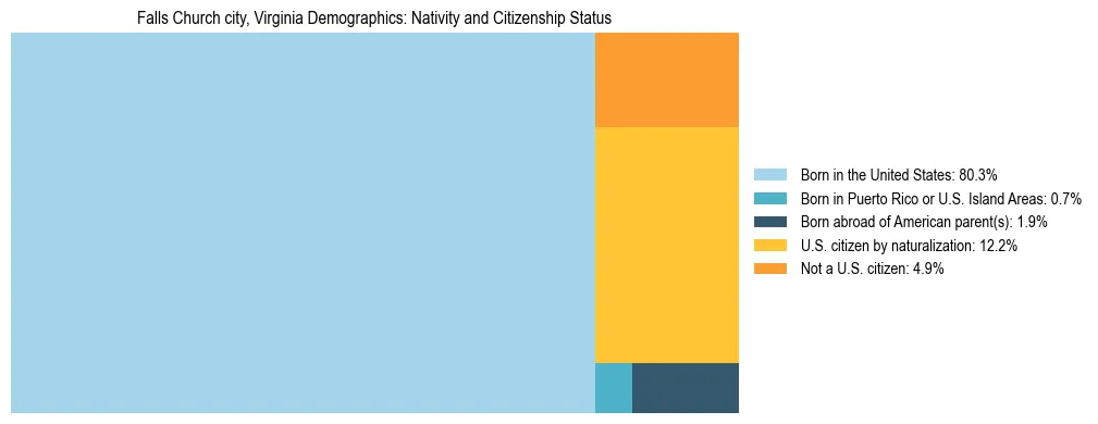 Treemap showing the population distribution by nativity and citizenship status in Falls Church city, Virginia based on U.S. Census data.
