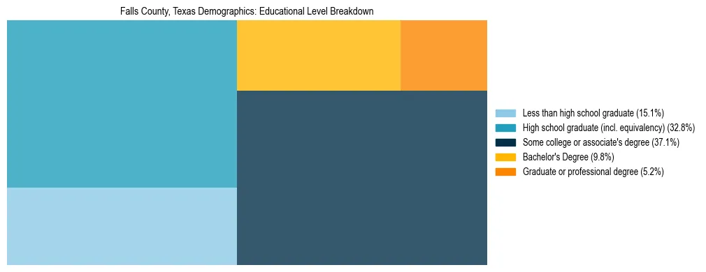 Treemap chart illustrating the educational attainment breakdown for population 25 years and over in Falls County, Texas.