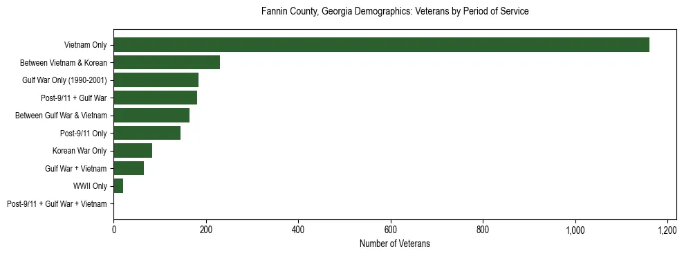Horizontal bar chart showing veteran distribution by period of military service in Fannin County, Georgia, based on 2023 ACS data.