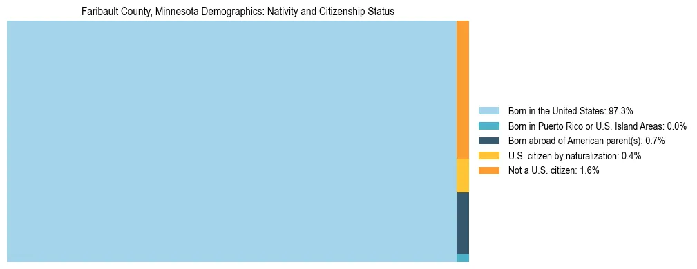 Treemap showing the population distribution by nativity and citizenship status in Faribault County, Minnesota based on U.S. Census data.