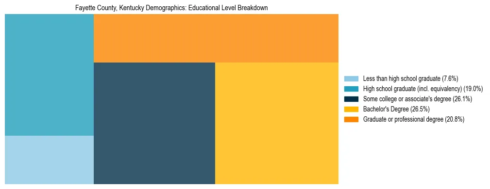 Treemap chart illustrating the educational attainment breakdown for population 25 years and over in Fayette County, Kentucky.