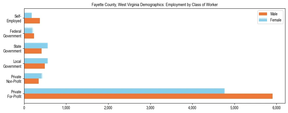 Horizontal bar chart showing employment distribution by class of worker and gender in Fayette County, West Virginia, based on 2023 ACS data.