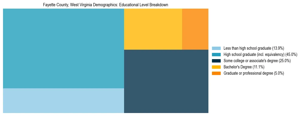 Treemap chart illustrating the educational attainment breakdown for population 25 years and over in Fayette County, West Virginia.