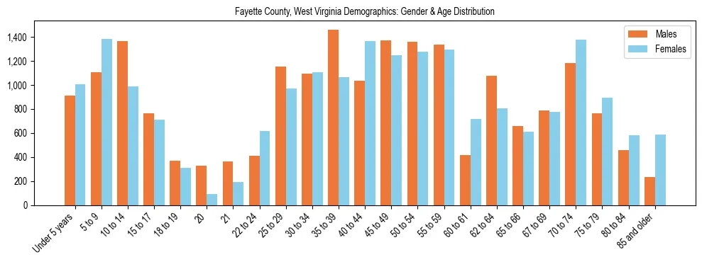 Bar chart showing the population distribution of Fayette County, West Virginia by age group and gender, based on 2023 ACS data.