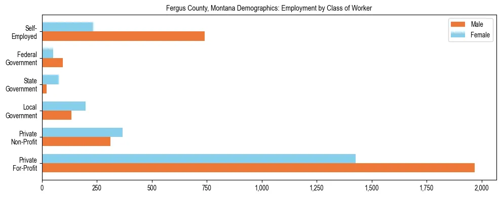 Horizontal bar chart showing employment distribution by class of worker and gender in Fergus County, Montana, based on 2023 ACS data.