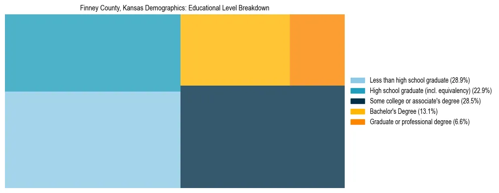 Treemap chart illustrating the educational attainment breakdown for population 25 years and over in Finney County, Kansas.