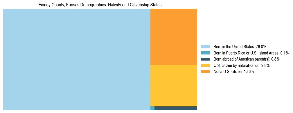Treemap showing the population distribution by nativity and citizenship status in Finney County, Kansas based on U.S. Census data.