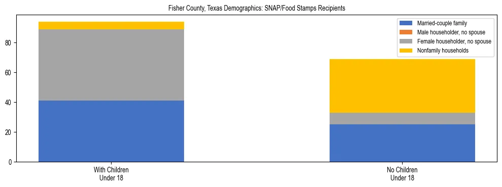 Stacked bar chart showing SNAP/Food Stamps recipient household composition by presence of children under 18 in Fisher County, Texas, based on 2023 ACS data.