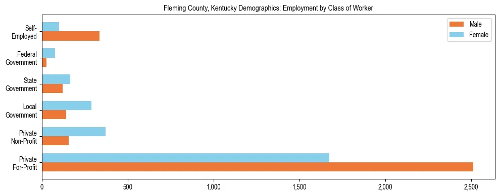 Horizontal bar chart showing employment distribution by class of worker and gender in Fleming County, Kentucky, based on 2023 ACS data.
