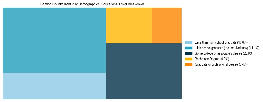 Treemap chart illustrating the educational attainment breakdown for population 25 years and over in Fleming County, Kentucky.