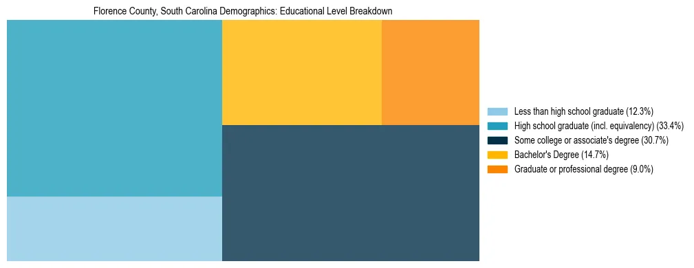 Treemap chart illustrating the educational attainment breakdown for population 25 years and over in Florence County, South Carolina.