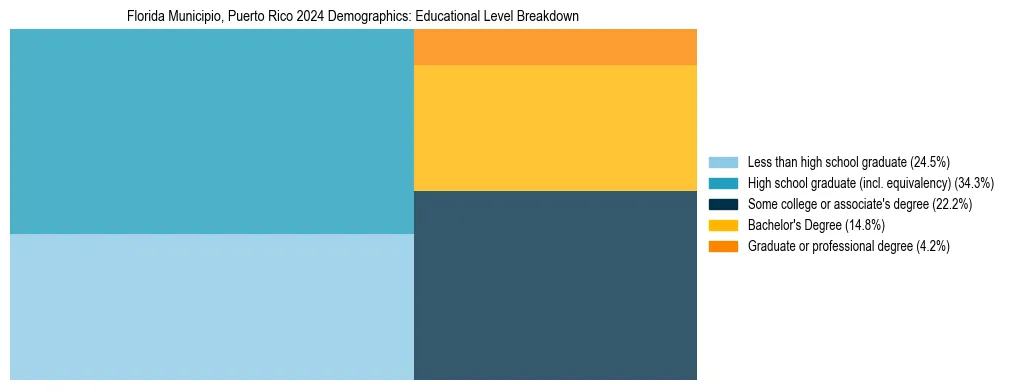 Treemap chart illustrating the educational attainment breakdown for population 25 years and over in Florida Municipio, Puerto Rico.