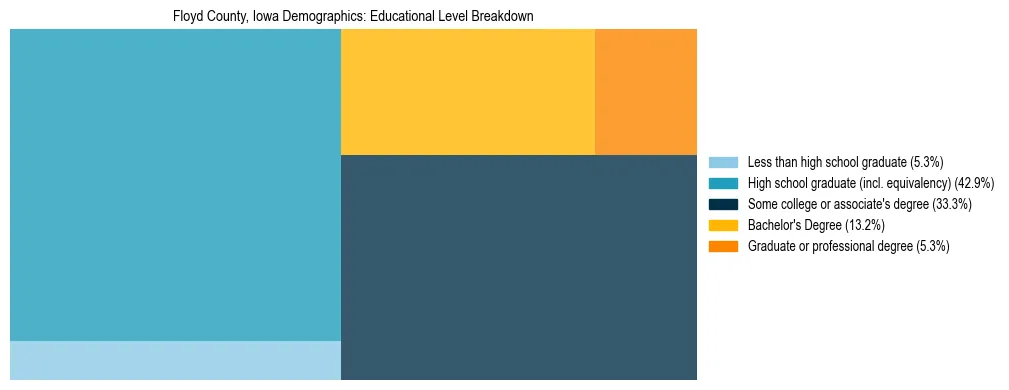 Treemap chart illustrating the educational attainment breakdown for population 25 years and over in Floyd County, Iowa.