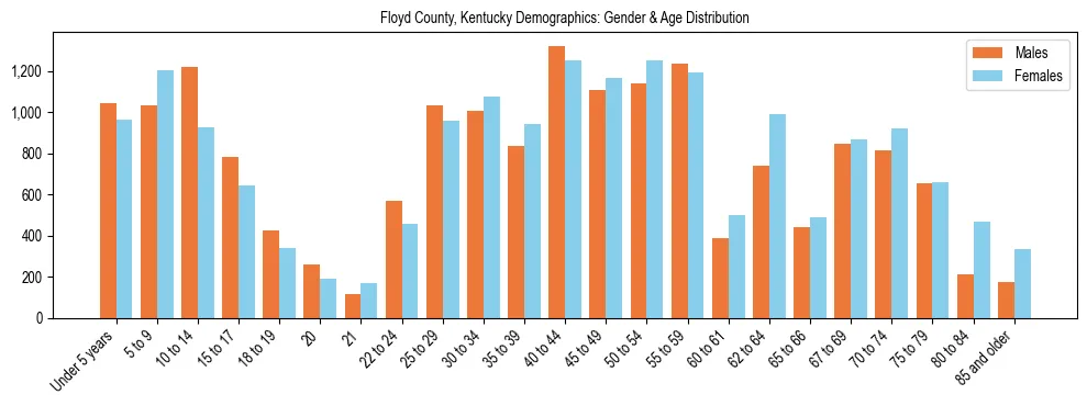 Bar chart showing the population distribution of Floyd County, Kentucky by age group and gender, based on 2023 ACS data.
