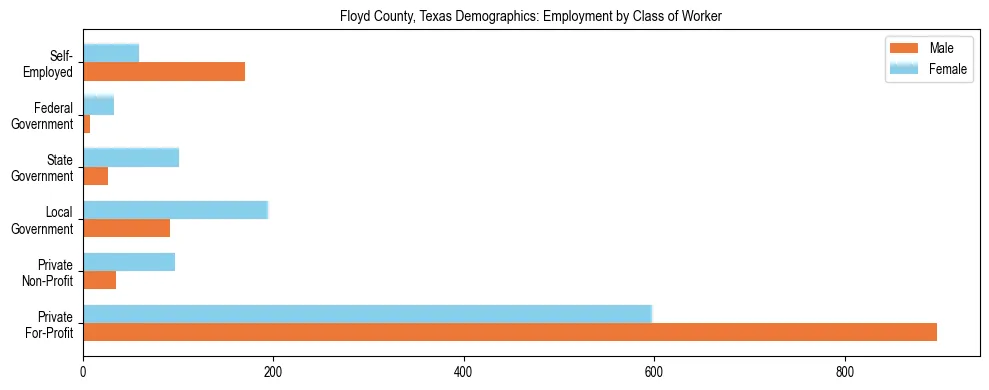 Horizontal bar chart showing employment distribution by class of worker and gender in Floyd County, Texas, based on 2023 ACS data.