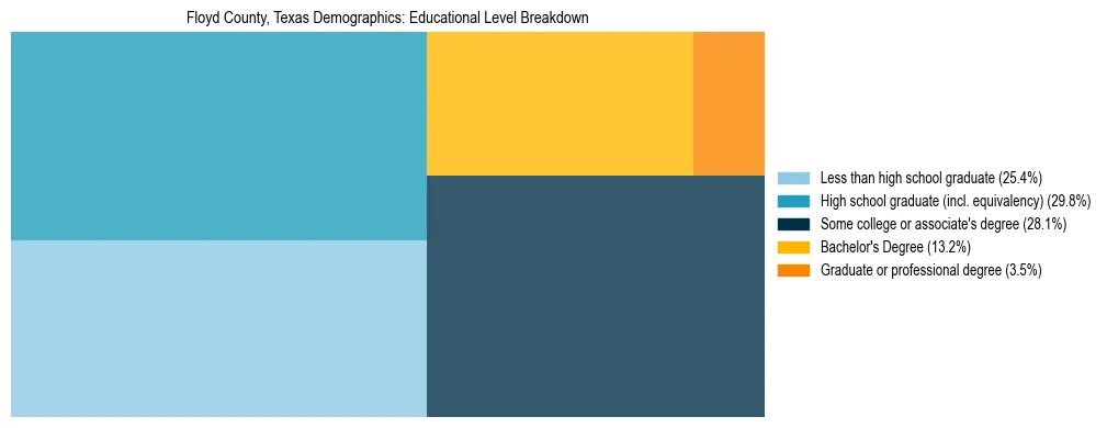 Treemap chart illustrating the educational attainment breakdown for population 25 years and over in Floyd County, Texas.
