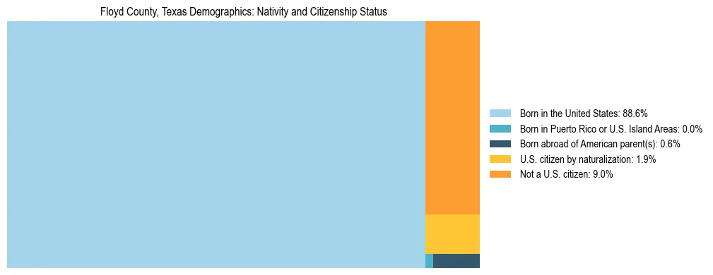 Treemap showing the population distribution by nativity and citizenship status in Floyd County, Texas based on U.S. Census data.