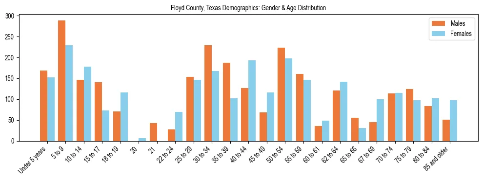 Bar chart showing the population distribution of Floyd County, Texas by age group and gender, based on 2023 ACS data.