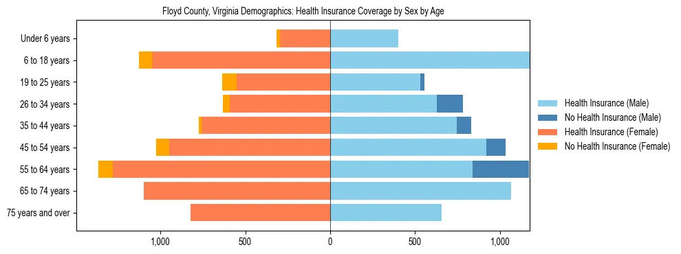 Pyramid chart showing health insurance coverage by age and sex in Floyd County, Virginia.