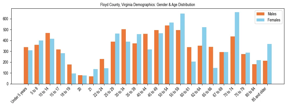 Bar chart showing the population distribution of Floyd County, Virginia by age group and gender, based on 2023 ACS data.