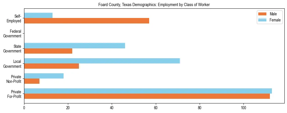 Horizontal bar chart showing employment distribution by class of worker and gender in Foard County, Texas, based on 2023 ACS data.