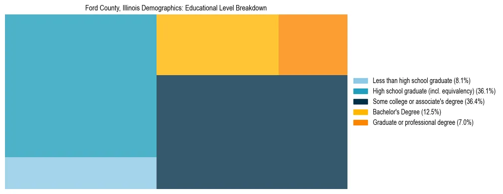 Treemap chart illustrating the educational attainment breakdown for population 25 years and over in Ford County, Illinois.