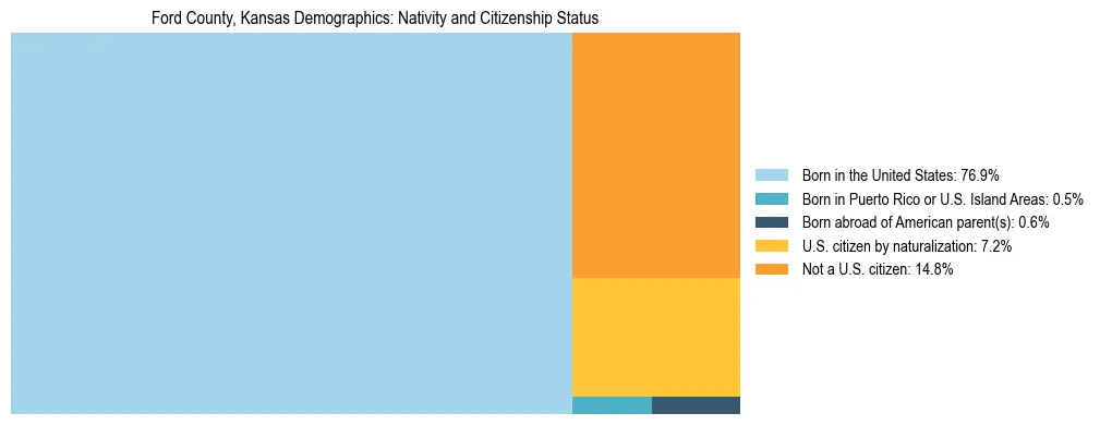 Treemap showing the population distribution by nativity and citizenship status in Ford County, Kansas based on U.S. Census data.
