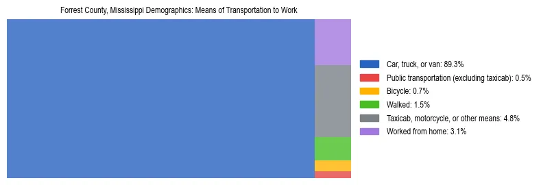Treemap showing means of transportation to work distribution in Forrest County, Mississippi.
