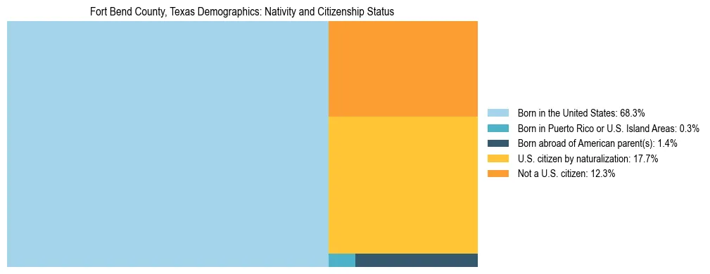 Treemap showing the population distribution by nativity and citizenship status in Fort Bend County, Texas based on U.S. Census data.