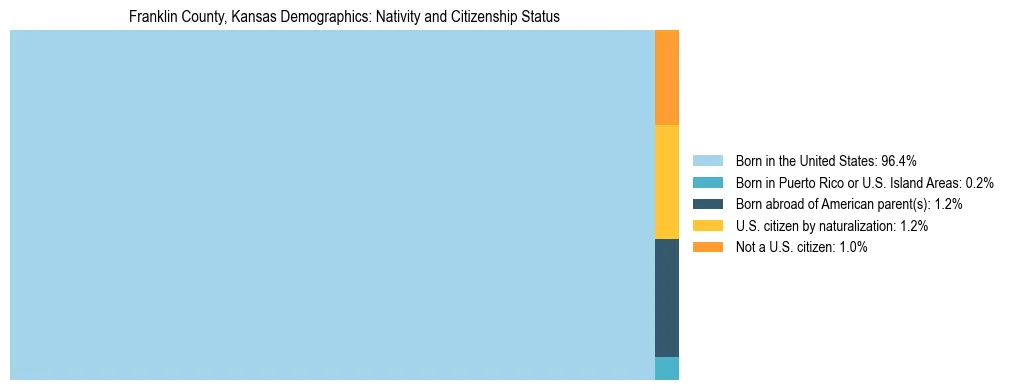 Treemap showing the population distribution by nativity and citizenship status in Franklin County, Kansas based on U.S. Census data.
