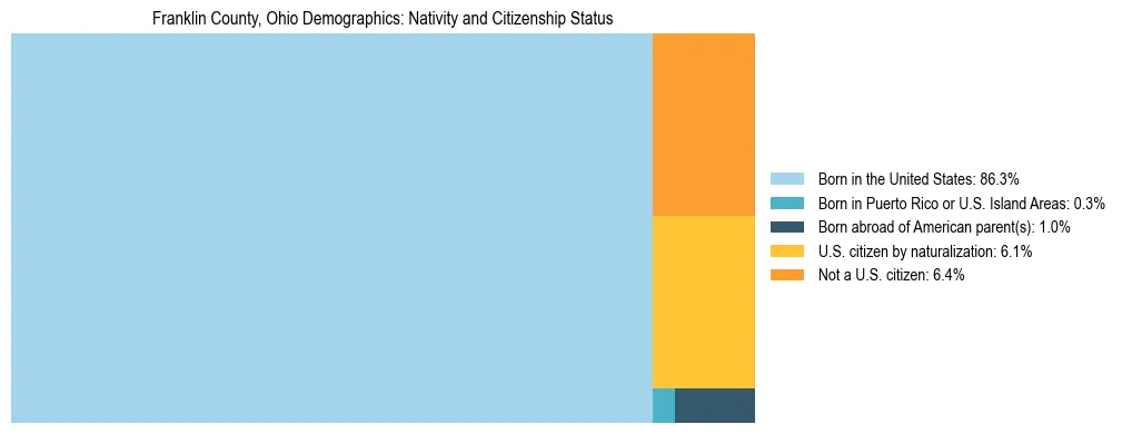 Treemap showing the population distribution by nativity and citizenship status in Franklin County, Ohio based on U.S. Census data.
