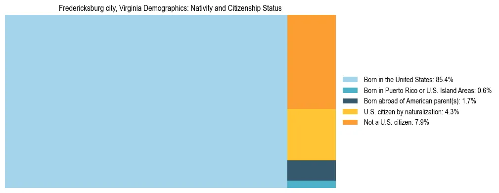 Treemap showing the population distribution by nativity and citizenship status in Fredericksburg city, Virginia based on U.S. Census data.