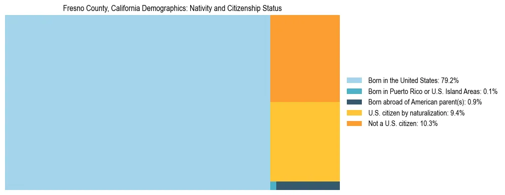 Treemap showing the population distribution by nativity and citizenship status in Fresno County, California based on U.S. Census data.