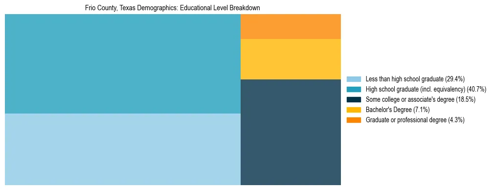 Treemap chart illustrating the educational attainment breakdown for population 25 years and over in Frio County, Texas.