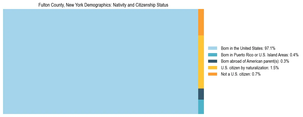 Treemap showing the population distribution by nativity and citizenship status in Fulton County, New York based on U.S. Census data.