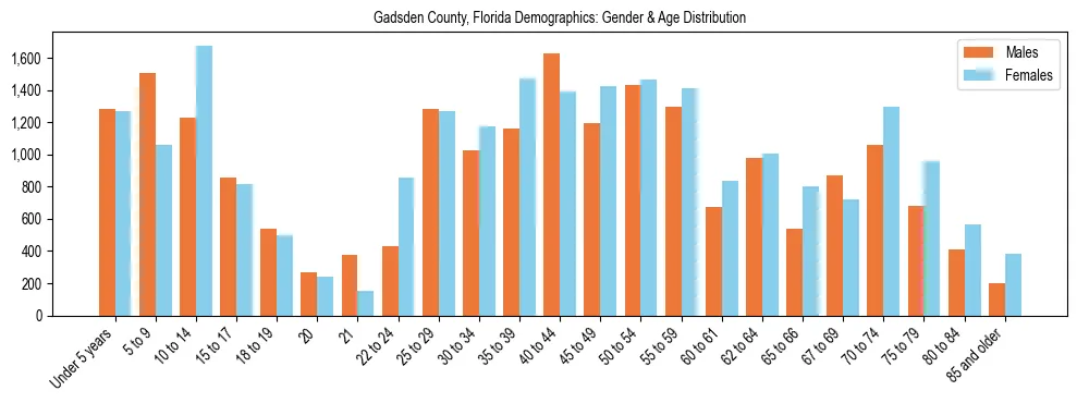Bar chart showing the population distribution of Gadsden County, Florida by age group and gender, based on 2023 ACS data.