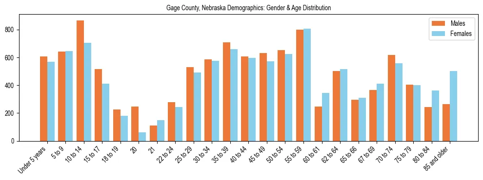 Bar chart showing the population distribution of Gage County, Nebraska by age group and gender, based on 2023 ACS data.