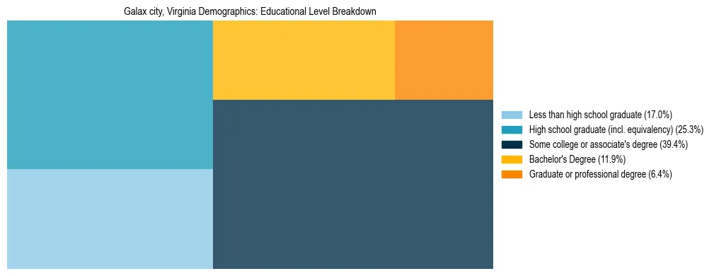 Treemap chart illustrating the educational attainment breakdown for population 25 years and over in Galax city, Virginia.